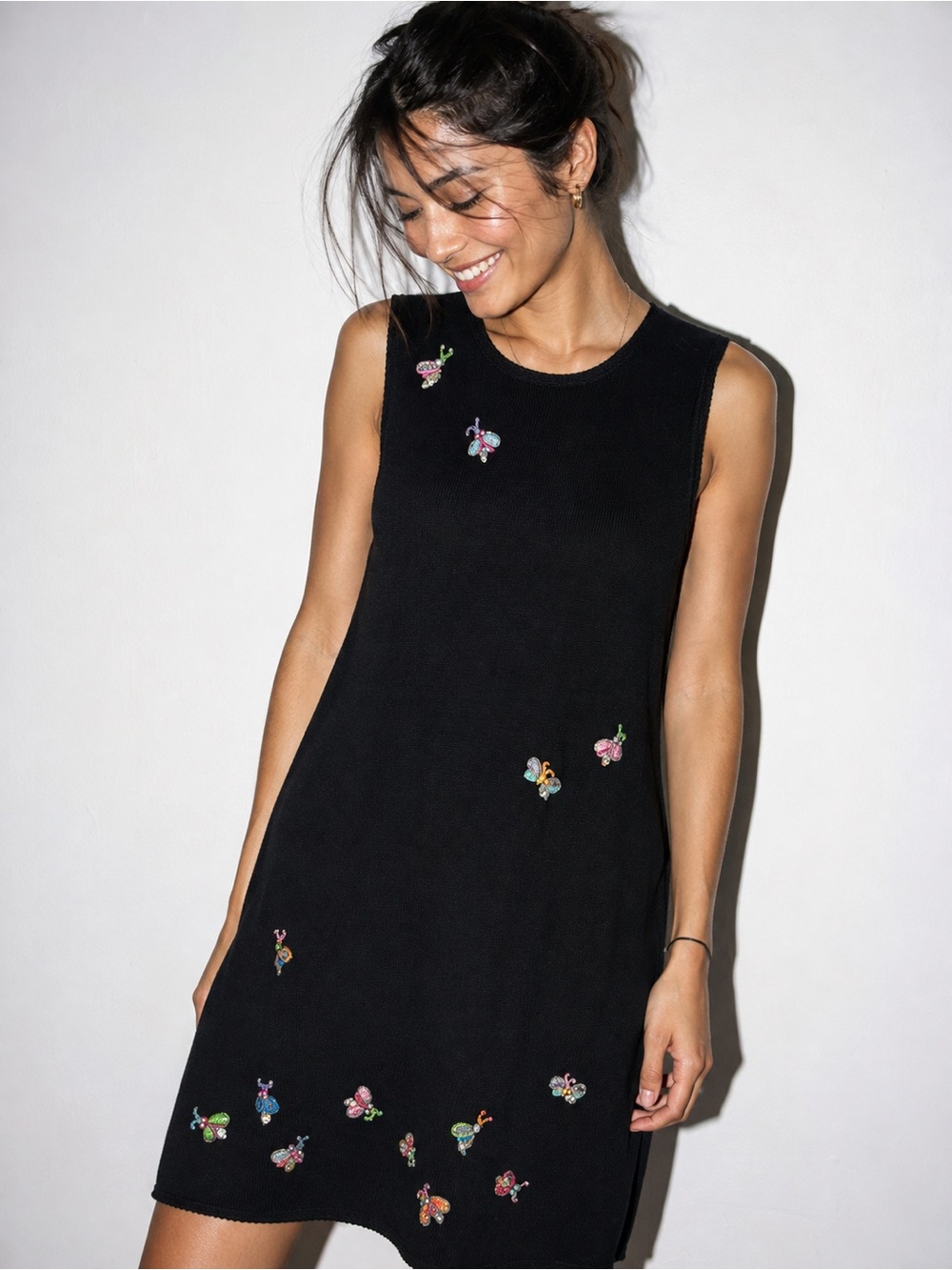 Michael Simon Black Sleeveless Shift Dress with Multicolor Embroidery